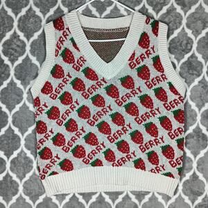 Berry Strawberry Sweater Vest Womens Medium Knit Pullover Fruit Y2K Cute Retro